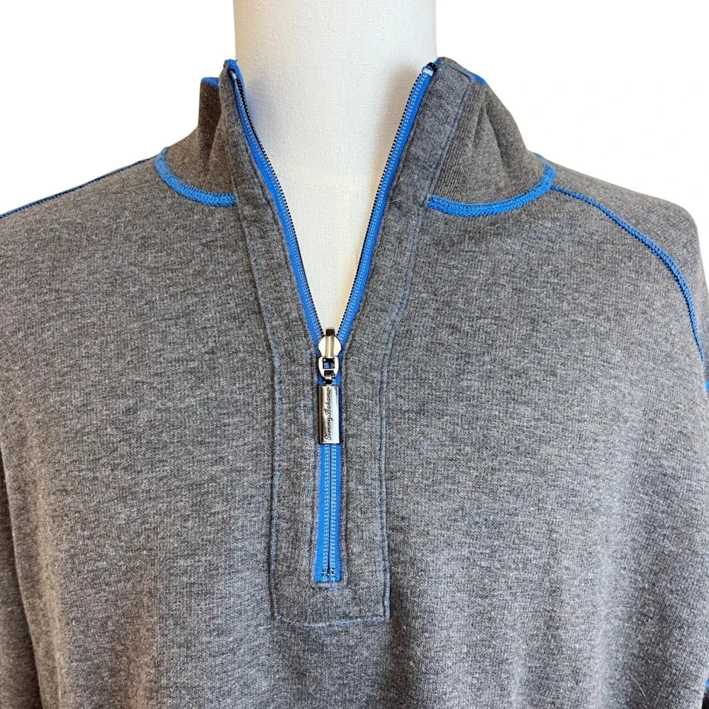 TOMMY BAHAMA Blue Gray Reversible 1/4 Zip Mens Sweater XL Travel Vacation Preppy